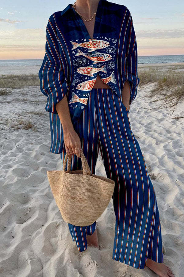 Conjunto de Lino Impreso de Koi Azul